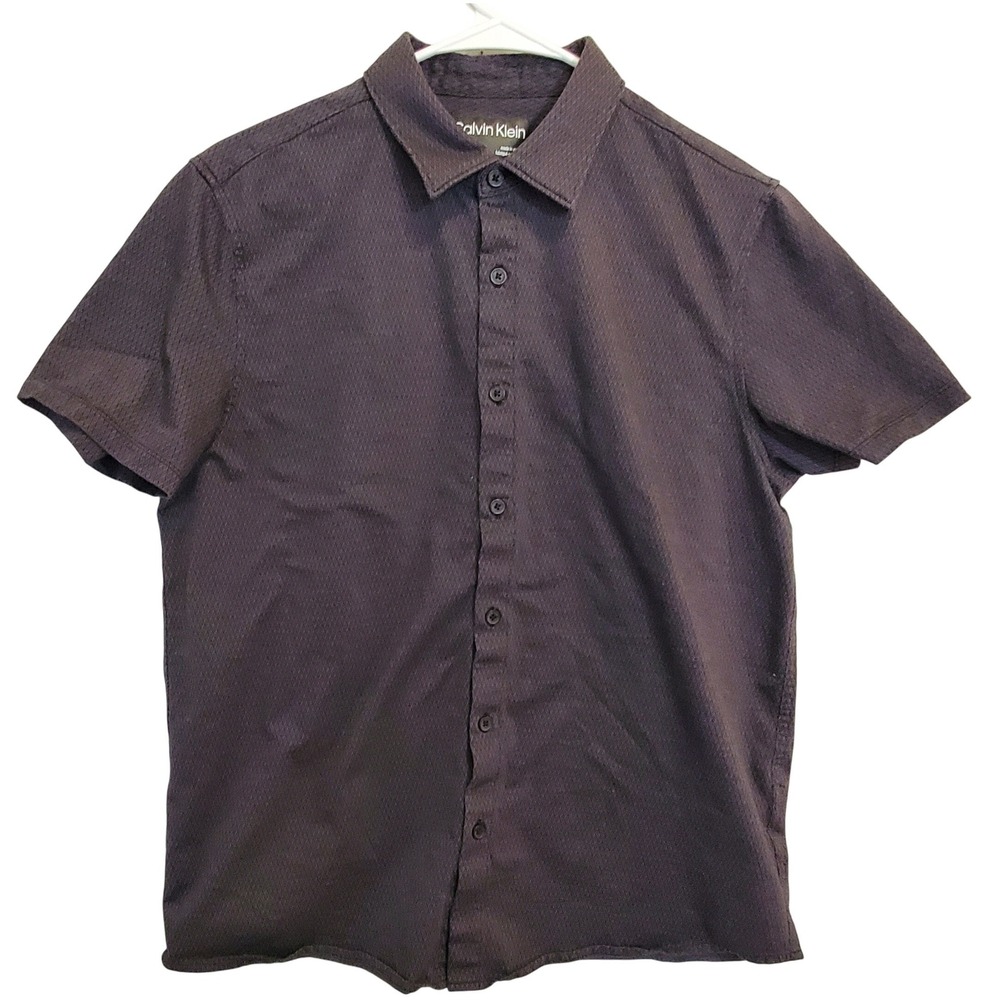 Calvin Klein Mens Textured Diamond Pattern Short Sleeve Button Down Shirt Grey M